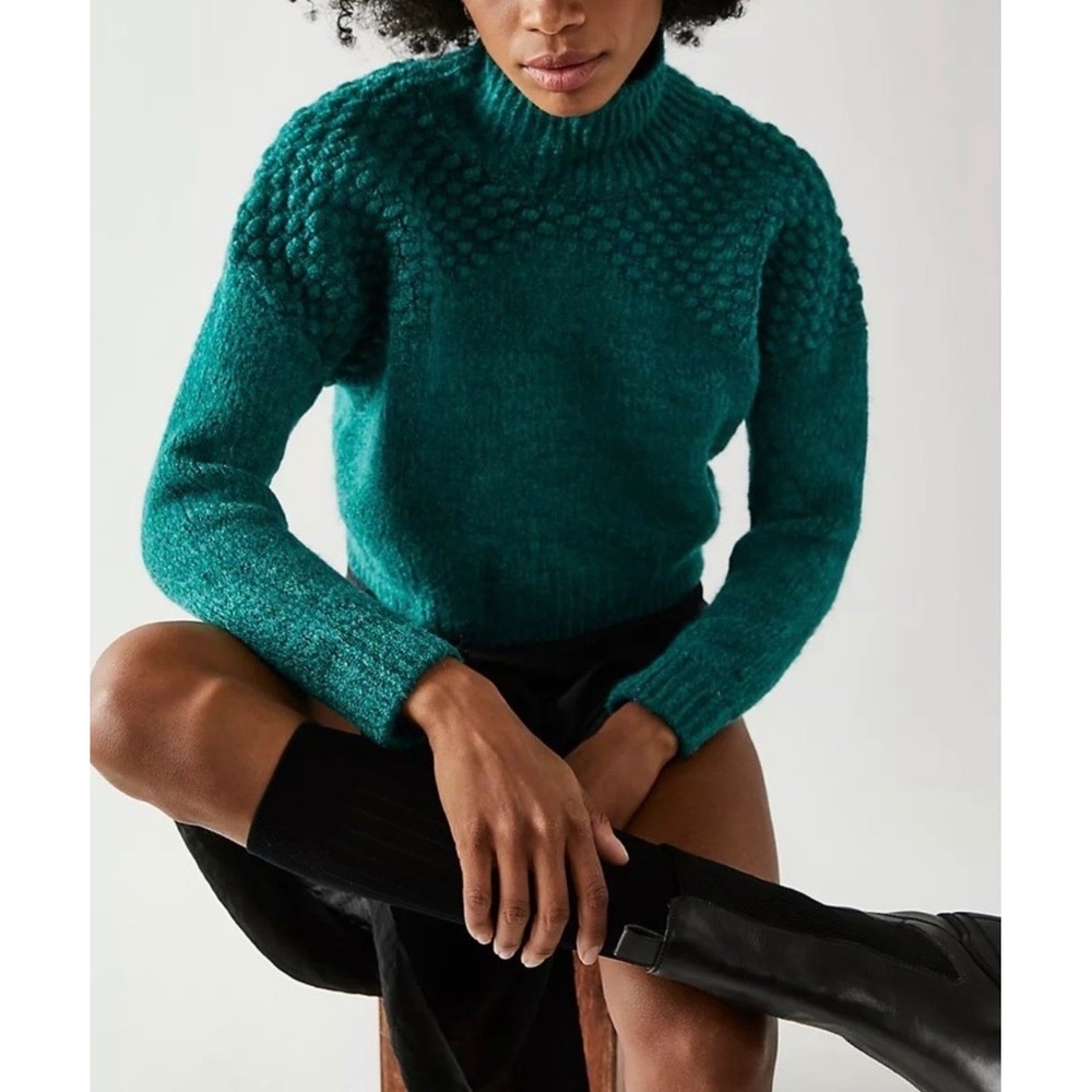 Free People My Only Sunshine Mock Neck Bobble Knit Cropped Sweater Green XS